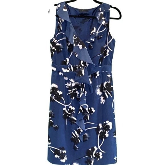 Tahari Sleeveless V-Neck Draped Ruffle Trim Blue Floral Chiffon Dress Size 8 - Picture 4 of 6